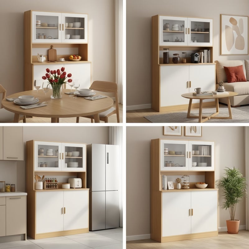 SHARPDO Modern 180cm Tall Kitchen Buffet Cabinet with Glass Doors, Open Microwave Shelf & Closed Storage, Freestanding Sideboard for Dining Room Living Room, 80x32x180CM - Image 4